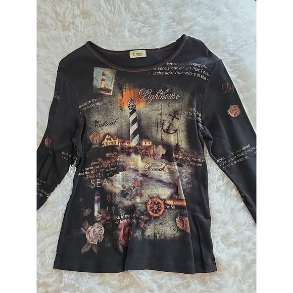 Cactus Tops - VTG Cactus Lighthouse on the Hillside Y2K Studded Top Shirt Ladies Sz M USA